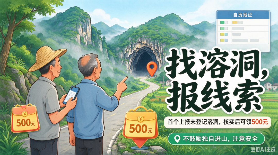 自贡老乡注意！找到没登记的溶洞，上报就有 500 块奖金！